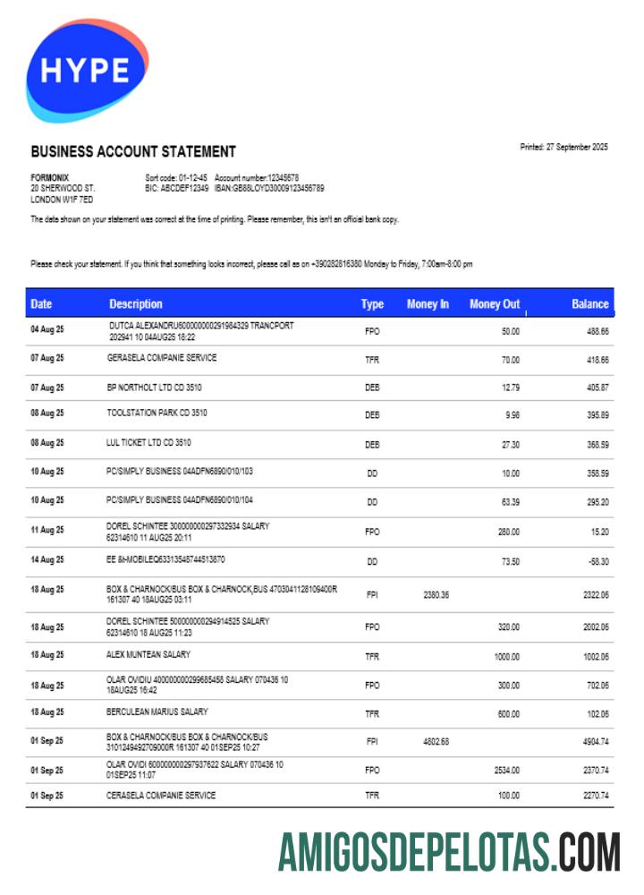 Baixável HYPE SPA empresa bancária extrato de conta corrente modelo Word e PDF